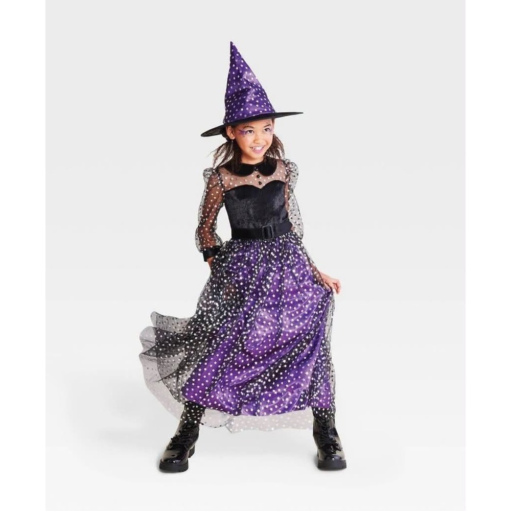 Kids Celestial Star Witch Halloween Costume Dress and Hat Set Purple Black